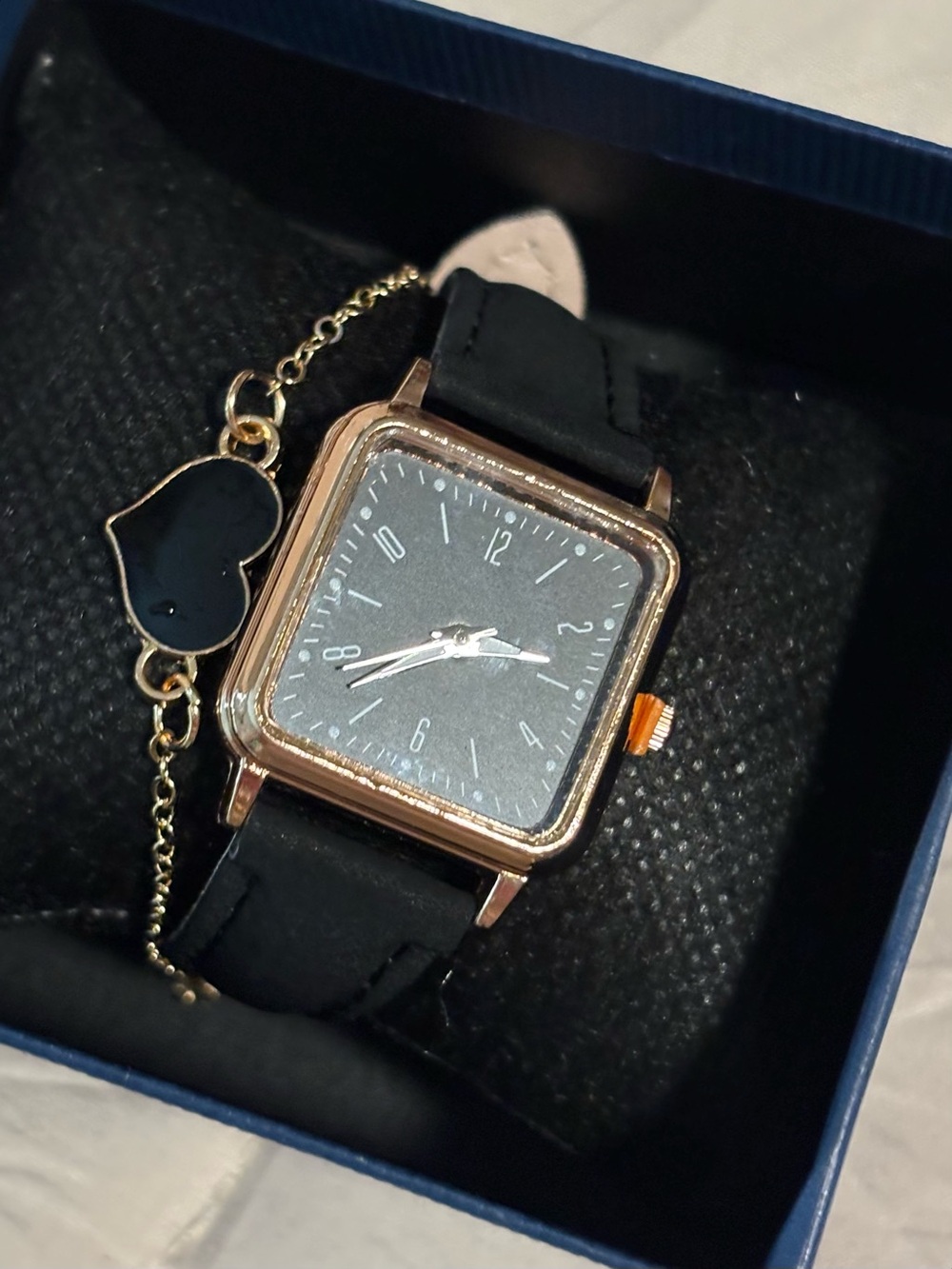Ladies Black Trimmed Goldtone Watch And Black Stone Shaped Heart Adj. Bracelet